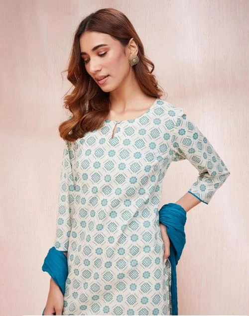 Fabindia  Avni White Cotton Dupatta & Printed Kurta Set for Women | Best Price UAE