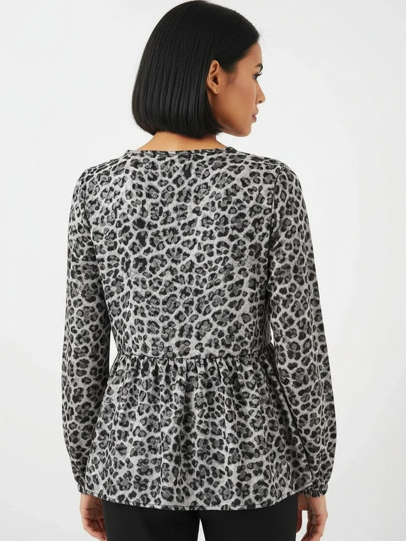 Big Dart Charcoal Grey BDART Printed Siphon Long Sleeve Blouse with Binding Detail for Women | Best Price UAE
