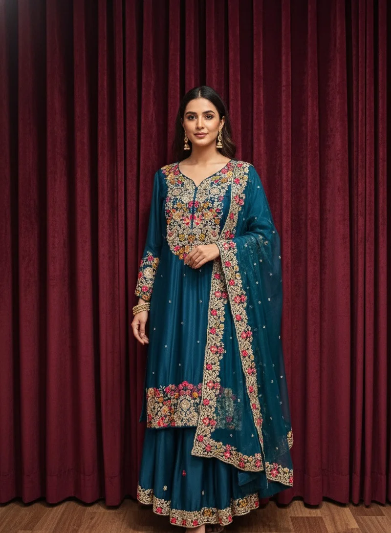 Lehar Regal Teal Blue Embroidered Sharara Suit Set