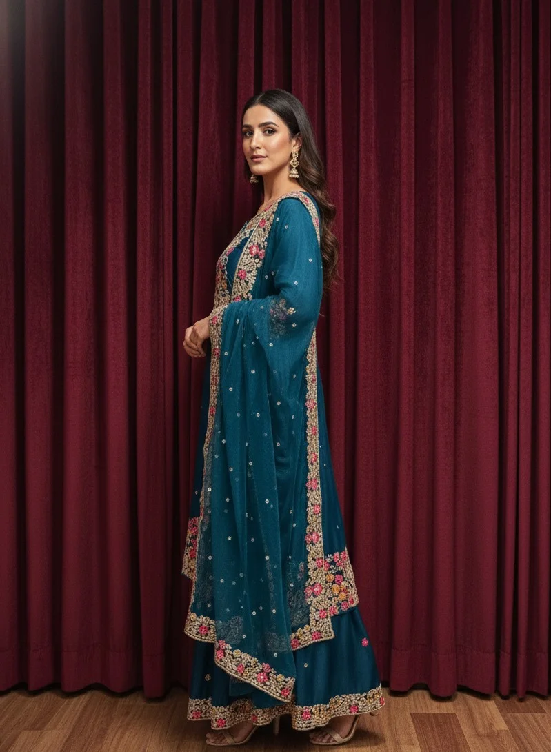 Lehar Regal Teal Blue Embroidered Sharara Suit Set