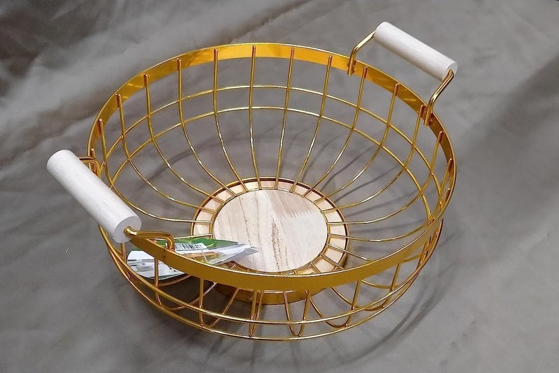 CONSILA Metal Golden Round Fruit Basket Shop Round Golden Fruit Basket Multipurpose Open Basket Fruit Stand for Kitchen Countertop Geometric Round Basket Handle Wooden Base - Image 2