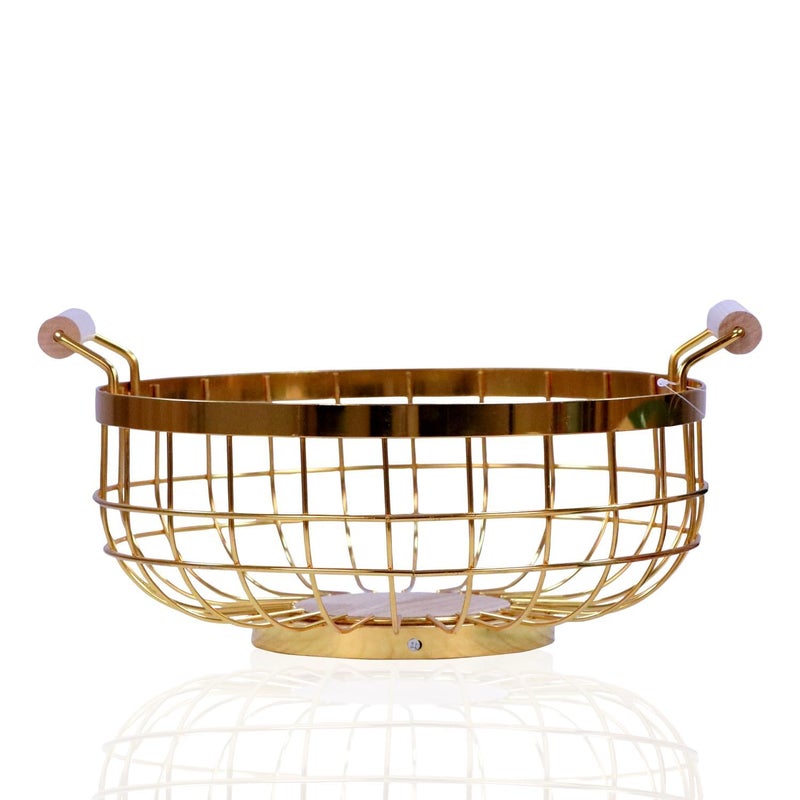 CONSILA Metal Golden Round Fruit Basket Shop Round Golden Fruit Basket Multipurpose Open Basket Fruit Stand for Kitchen Countertop Geometric Round Basket Handle Wooden Base - Image 1