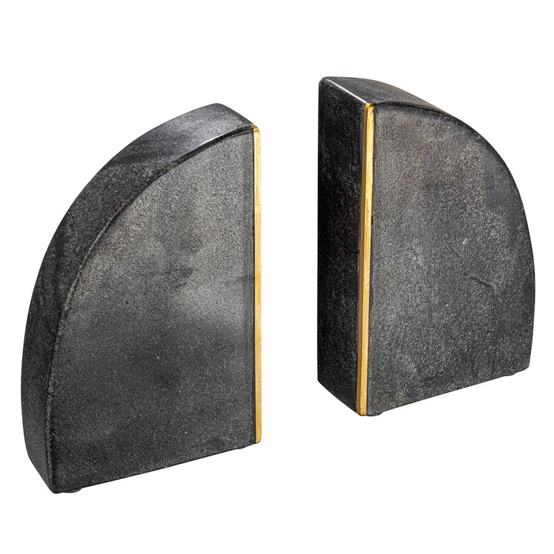 Creative Co-op Boho Arched Semicircle Marble Bookends with Brass Detail, Set of 2, Black - Image 1