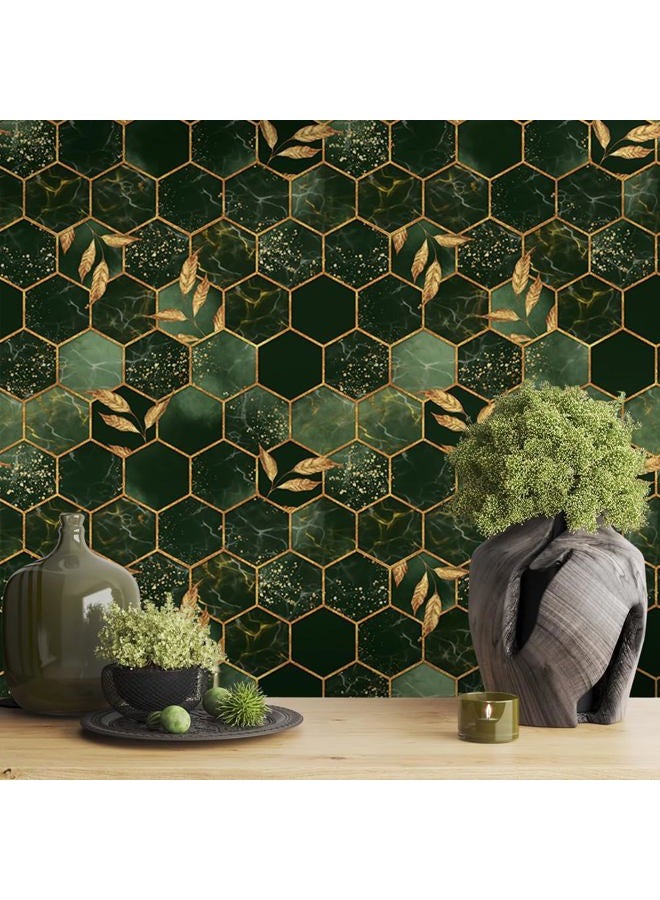 MuralPeel Golden Hexagon Geometrical Mosaic Leaf Vinatge Green Peel and Stick Wallpaper Self Adhesive Removable Easy Peel Off Stick on Wall Paper for Bedroom Renter - Image 2