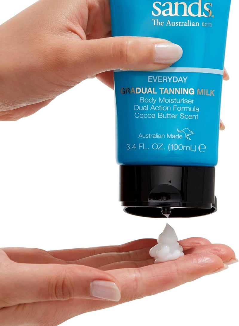 بوندي ساندز حليب تانين تدريجي يومي لوشن للجسم يبني توهجًا طبيعيًا في 1 3 تطبيقات مُغَذَّى بفيتامين E الألوة فيرا نباتي خالي من القسوة برائحة زبدة الكاكاو 100 مل 3 4 أونصة - Image 3