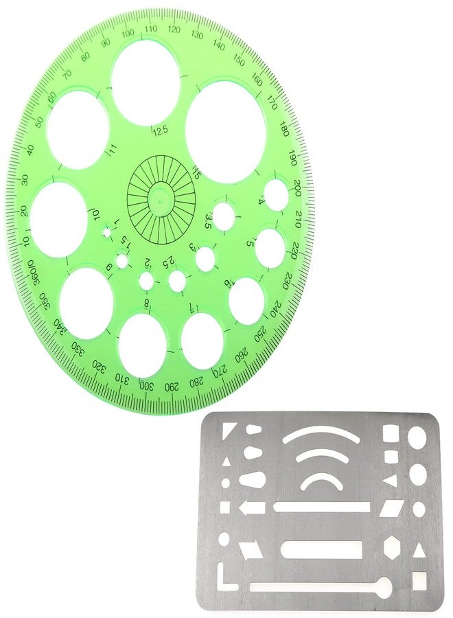 LUORNG 2IN1 Stainless Steel 27 Patterns Erasing Drawing Drafting Tool Shield and 360 Degree Protractor and Circle Maker Kit - Image 1