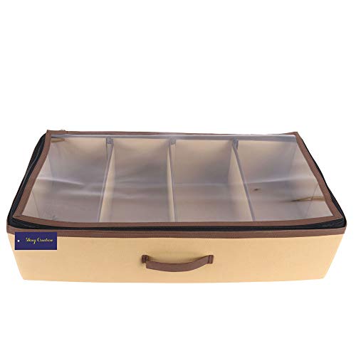 SHREY CREATION Under Bed Shoe Organizer with Transparent Lid, Fabric Shoe Storage Box with Zipper & Handle, Space Saving Footwear Organizer for Closet & Bedroom, Pair of 4, Beige - Image 1
