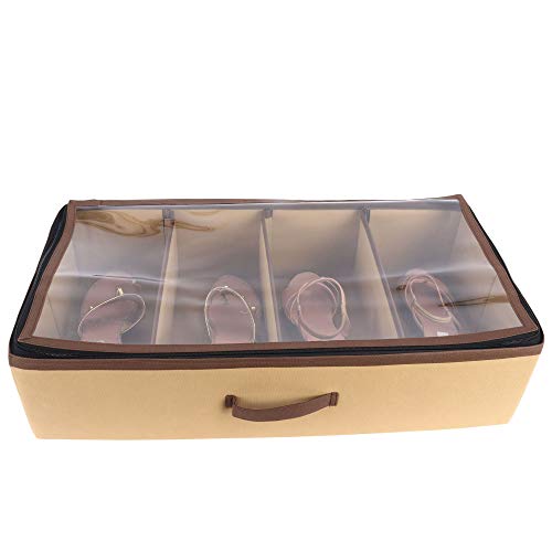 SHREY CREATION Under Bed Shoe Organizer with Transparent Lid, Fabric Shoe Storage Box with Zipper & Handle, Space Saving Footwear Organizer for Closet & Bedroom, Pair of 4, Beige - Image 4