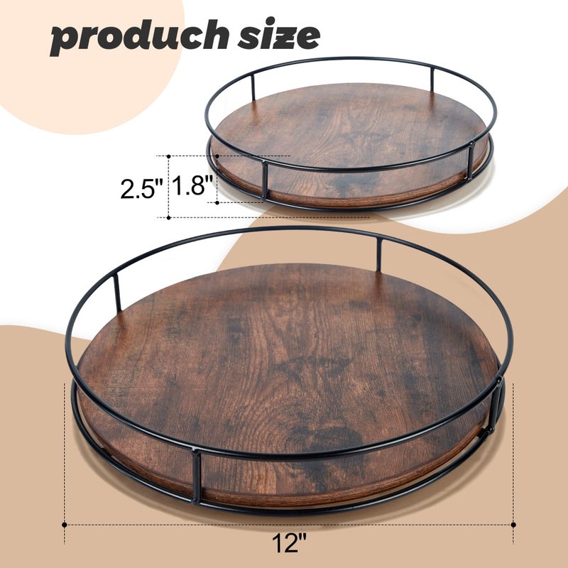 Tomoaza 12 Inch Wood Lazy Susan, Rustic Brown Turntable Organizer with Steel Frame, 360 Degree Decorative Turntable for Countertop or Centerpieces - Image 3