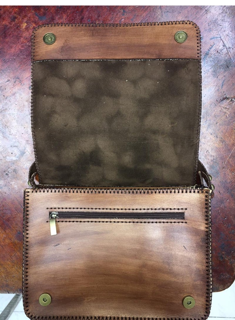 Handmade Pharaonic Genuine Leather Cross Bag (Large Size) 3 Zippers 1 Internal, Back and Front Shiny Thread Velvet Lining Belt Handle (Distinctive and unique hand-made work for special people)  - Image 5