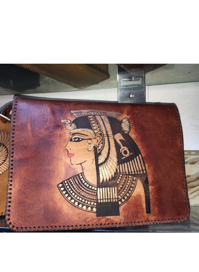 Handmade Pharaonic Genuine Leather Cross Bag (Large Size) 3 Zippers 1 Internal, Back and Front Shiny Thread Velvet Lining Belt Handle (Distinctive and unique hand-made work for special people)  - Image 1