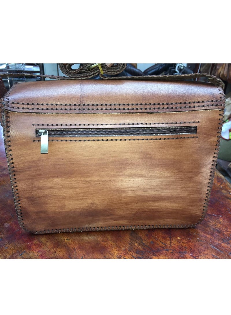 Handmade Pharaonic Genuine Leather Cross Bag (Large Size) 3 Zippers 1 Internal, Back and Front Shiny Thread Velvet Lining Belt Handle (Distinctive and unique hand-made work for special people)  - Image 2