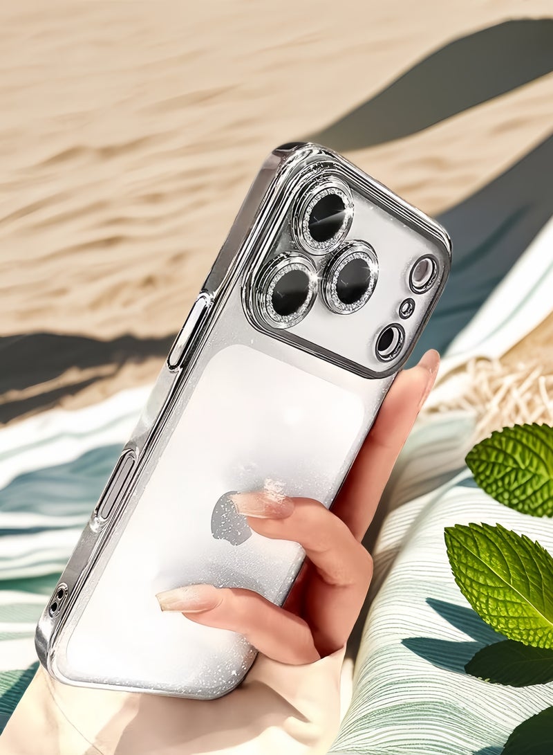 Clear Glitter Case for iPhone 17 Pro,Cute Luxury Bling Sparkly Diamond Rhinestone with Camera Lens Protector TPU Plating Bumper Slim Transparent Women Girls Case for iPhone 17 Pro 6.3",Silver - Image 2