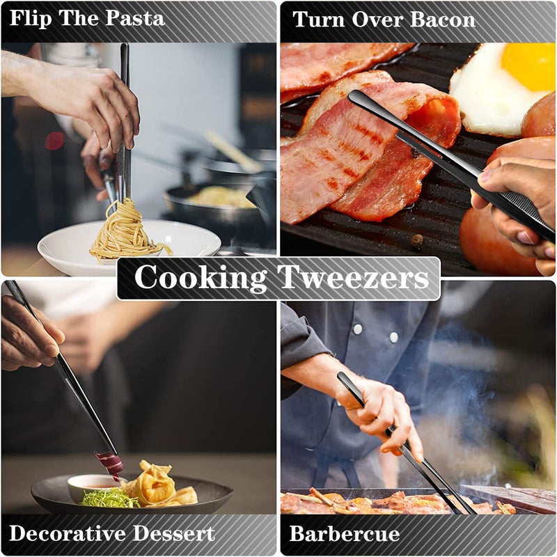 Jetkong 2 Pcs 12-Inch Kitchen Tweezers Tongs With Precision Serrated Tips  Stainless Steel Chef Tweezer Professional Cooking Tweezers For Bbq  Plating And Serving (12-Inch  Black) - Image 5