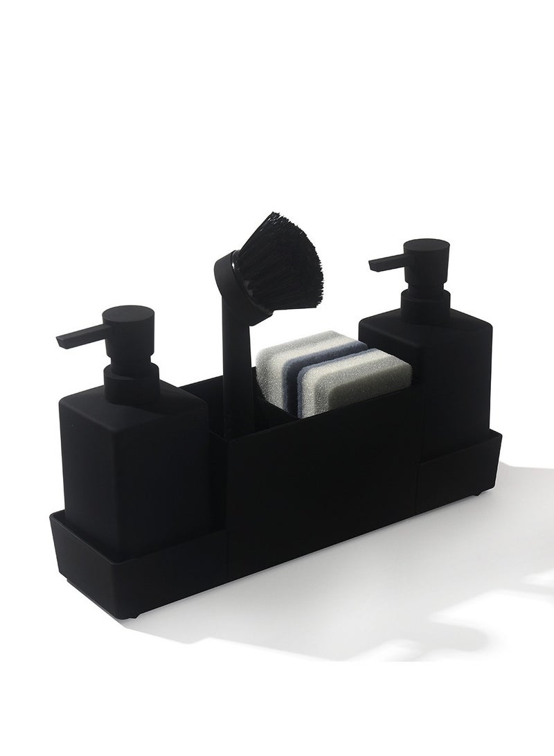 general Kitchen soap dispenser with sponge rack and dishwashing brush Separate bottles for hand washing liquid with tray storage (black) - Image 1