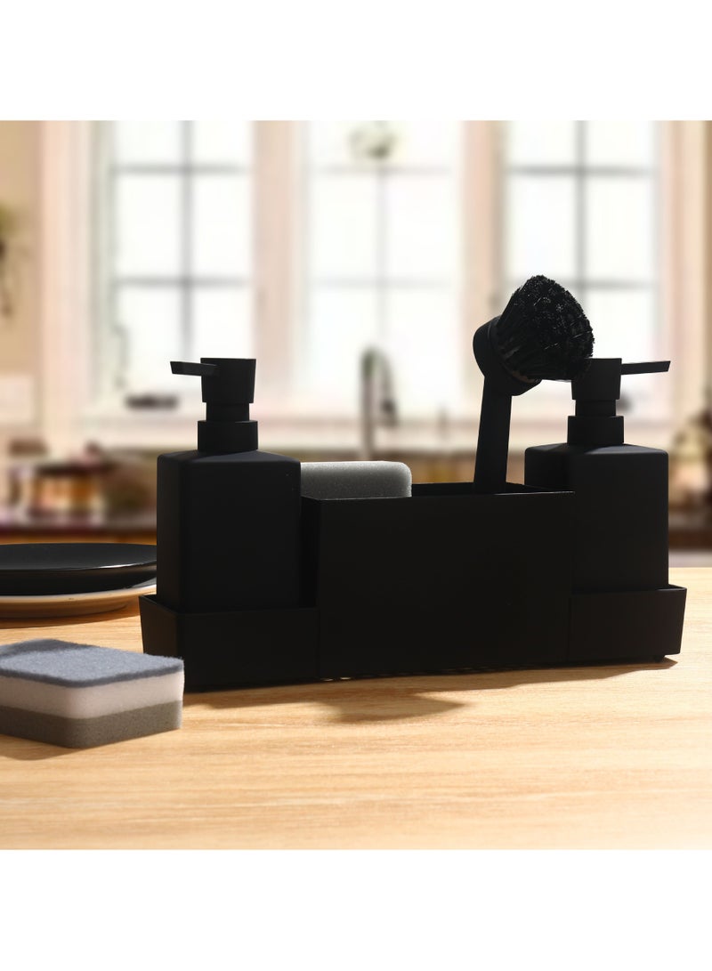 general Kitchen soap dispenser with sponge rack and dishwashing brush Separate bottles for hand washing liquid with tray storage (black) - Image 2