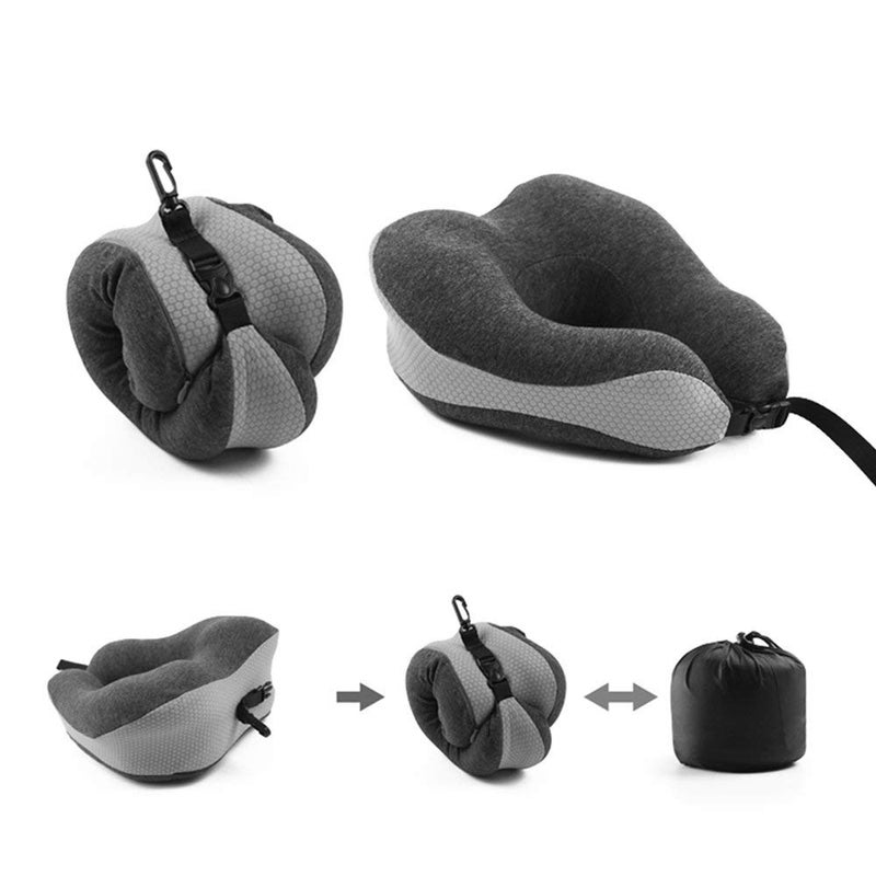 THE QUIRK BOX Travel Pillow 100% Pure Memory Foam Neck Pillow, Comfortable & Breathable Cover - Machine Washable, Airplane Travel Kit with 3D Sleep Mask, Earplugs, and Luxury Bag - Grey - Image 2