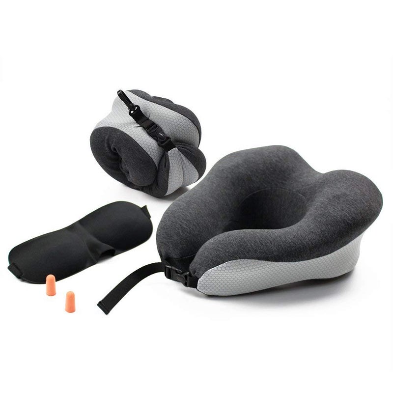 THE QUIRK BOX Travel Pillow 100% Pure Memory Foam Neck Pillow, Comfortable & Breathable Cover - Machine Washable, Airplane Travel Kit with 3D Sleep Mask, Earplugs, and Luxury Bag - Grey - Image 3