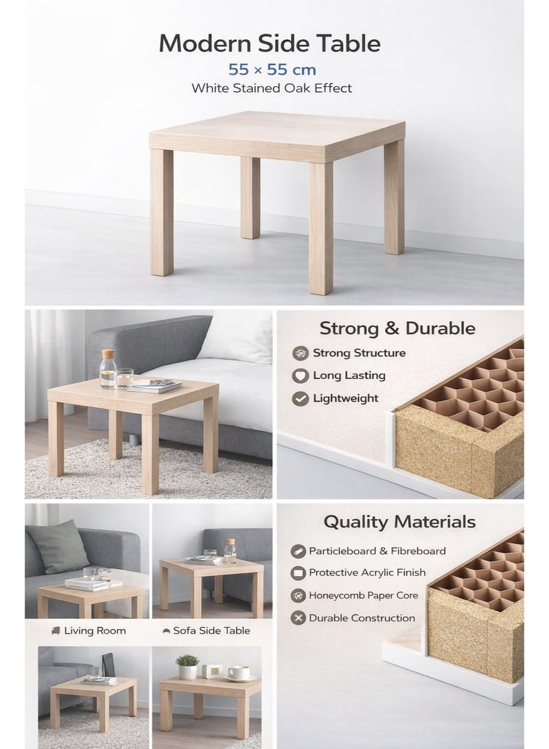 Selecto Hub Side Table – White Stained Oak Effect Coffee Table, 55x55 cm Modern Small Table for Living Room, Bedroom & Sofa Side Table, Lightweight Honeycomb Structure - Image 1