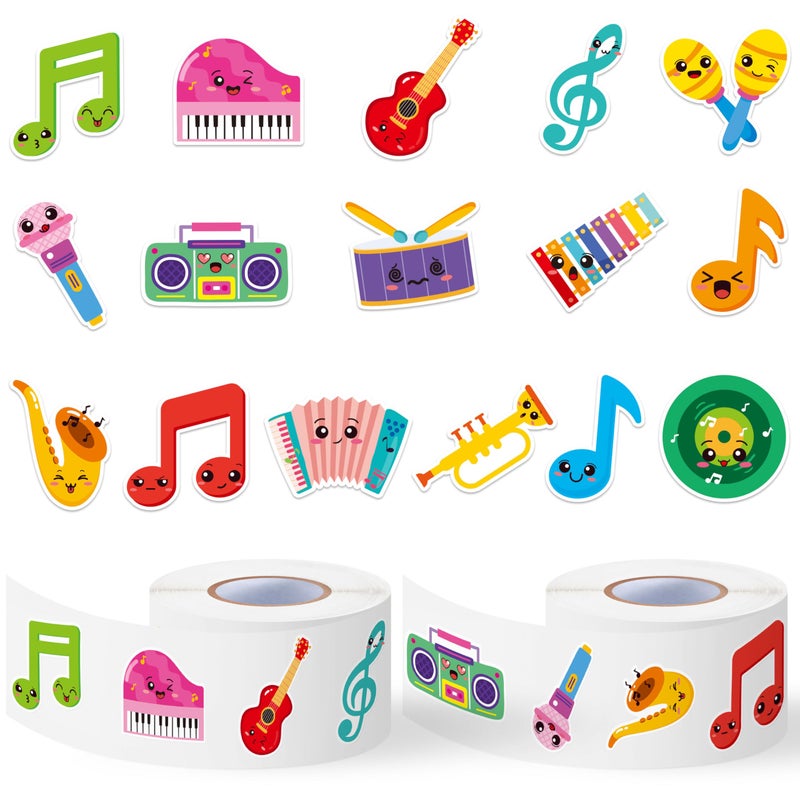 OSNIE Cute Music Sticker Rolls - 1000Pcs Music Notes Guitar Piano Microphone Stickers for Kid Adult, Cartoon Waterproof Self-Adhesive Decorative Decals for School Rewards Laptop Skateboard Home Decor - Image 1