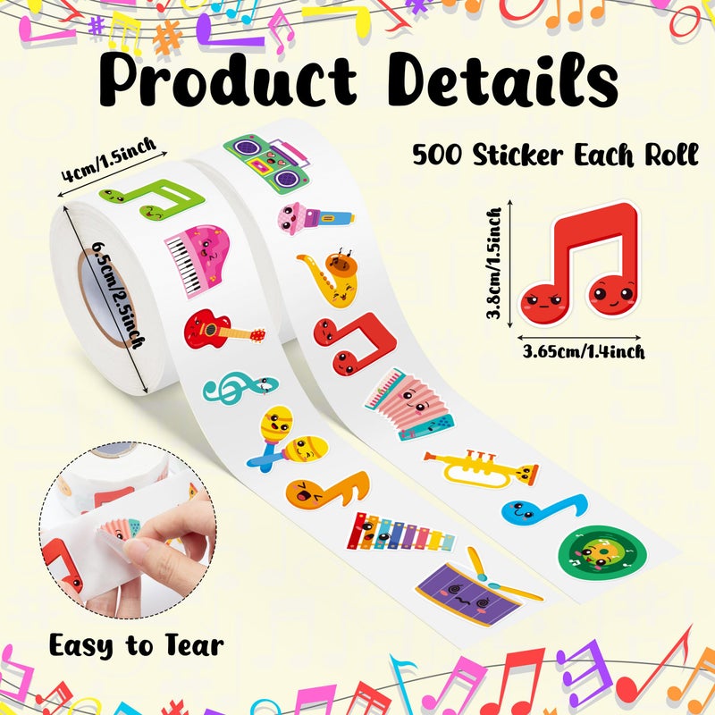 OSNIE Cute Music Sticker Rolls - 1000Pcs Music Notes Guitar Piano Microphone Stickers for Kid Adult, Cartoon Waterproof Self-Adhesive Decorative Decals for School Rewards Laptop Skateboard Home Decor - Image 2