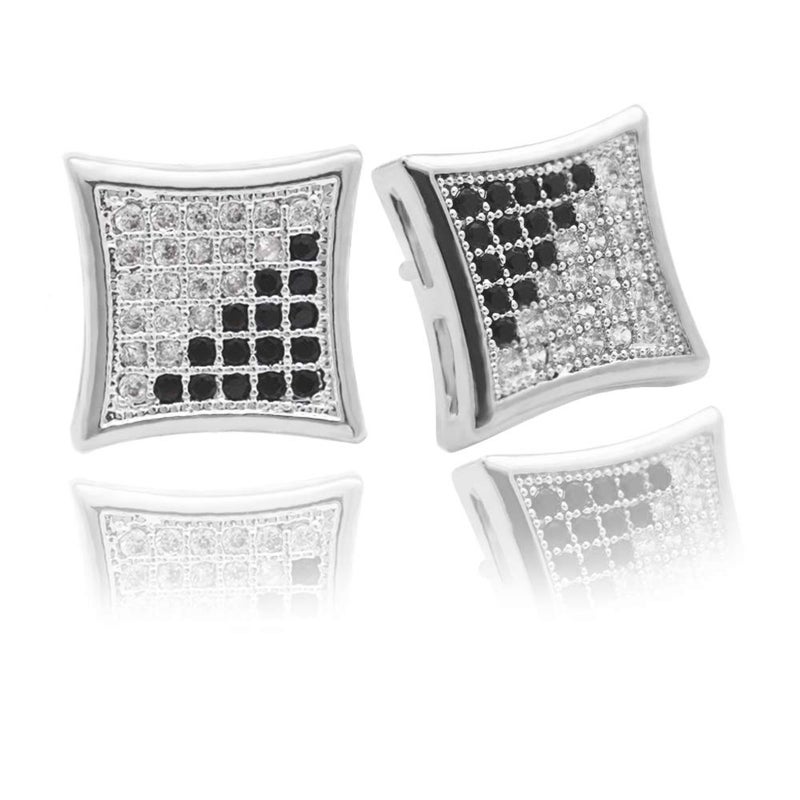 LuReen Gold Silver 11mm Square CZ Stud Earring of Men aretes para hombre (Silver Black)