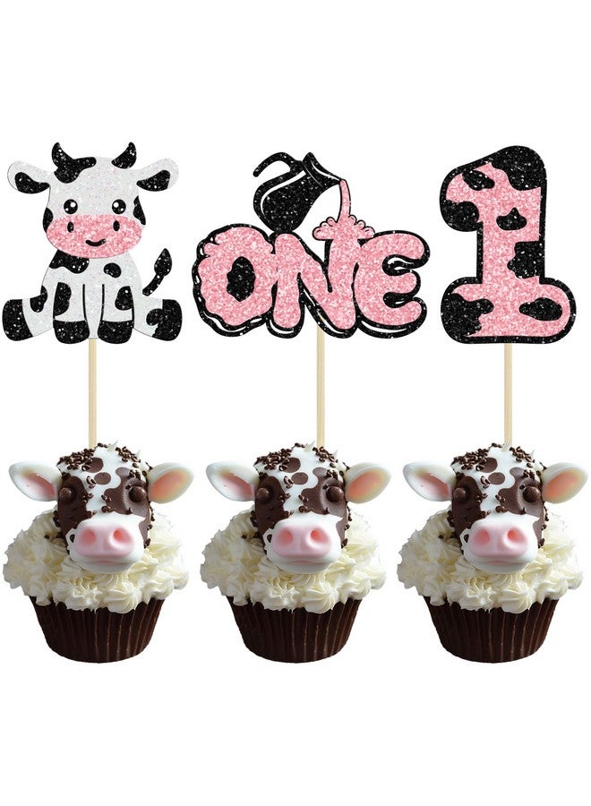 Ephlyn 24Pcs Cow First Birthday Cupcake Toppers Glitter Farm Animals Moo One Cupcake Pick Decorations for Baby Shower 1st Birthday Party Supplies Pink - Image 1