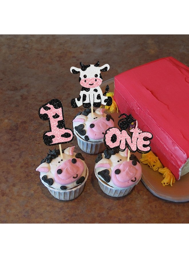 Ephlyn 24Pcs Cow First Birthday Cupcake Toppers Glitter Farm Animals Moo One Cupcake Pick Decorations for Baby Shower 1st Birthday Party Supplies Pink - Image 4