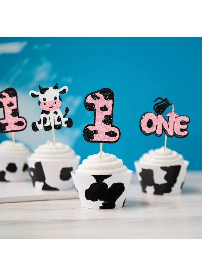 Ephlyn 24Pcs Cow First Birthday Cupcake Toppers Glitter Farm Animals Moo One Cupcake Pick Decorations for Baby Shower 1st Birthday Party Supplies Pink - Image 5
