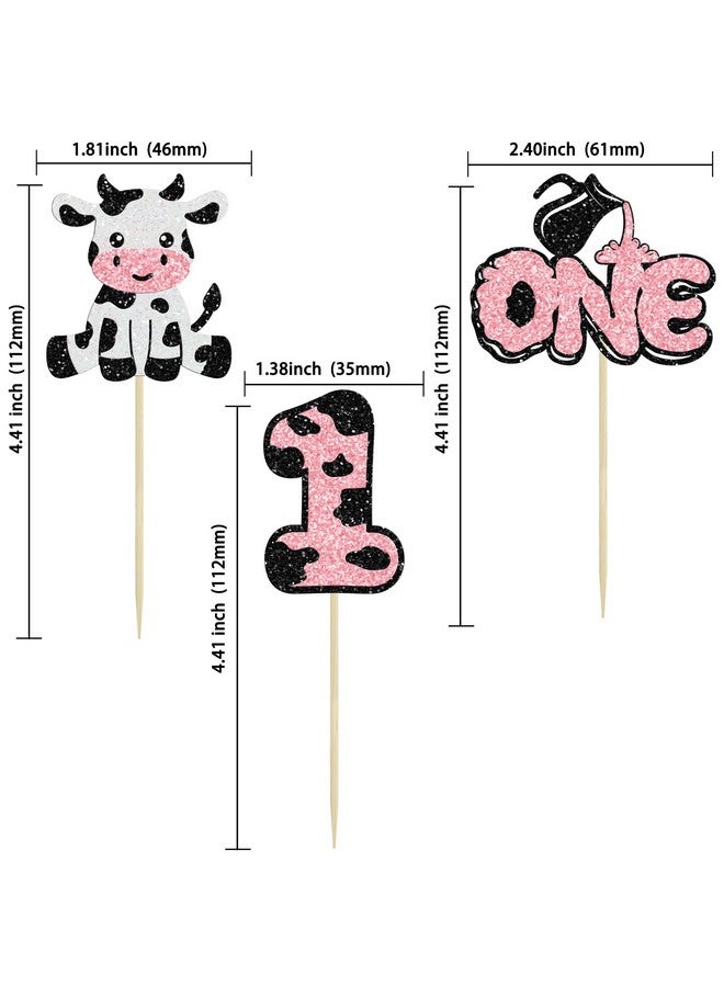 Ephlyn 24Pcs Cow First Birthday Cupcake Toppers Glitter Farm Animals Moo One Cupcake Pick Decorations for Baby Shower 1st Birthday Party Supplies Pink - Image 2