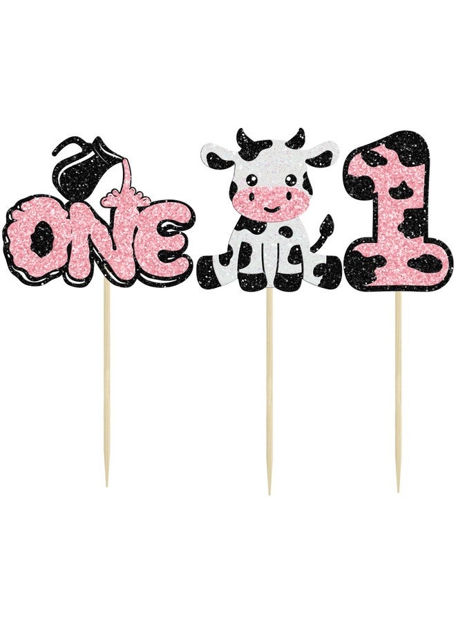 Ephlyn 24Pcs Cow First Birthday Cupcake Toppers Glitter Farm Animals Moo One Cupcake Pick Decorations for Baby Shower 1st Birthday Party Supplies Pink - Image 3