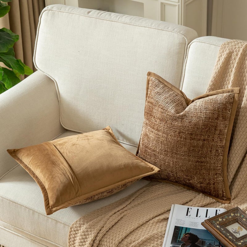 Yaertun Pack of 2 Chenille Textured Decorative Throw Pillow Covers Accent Solid Cushion Cover Soft Cozy Pillow Case with Velvet Back for Couch Sofa Bed Living Room 20x20 Inch Light Brown - Image 2