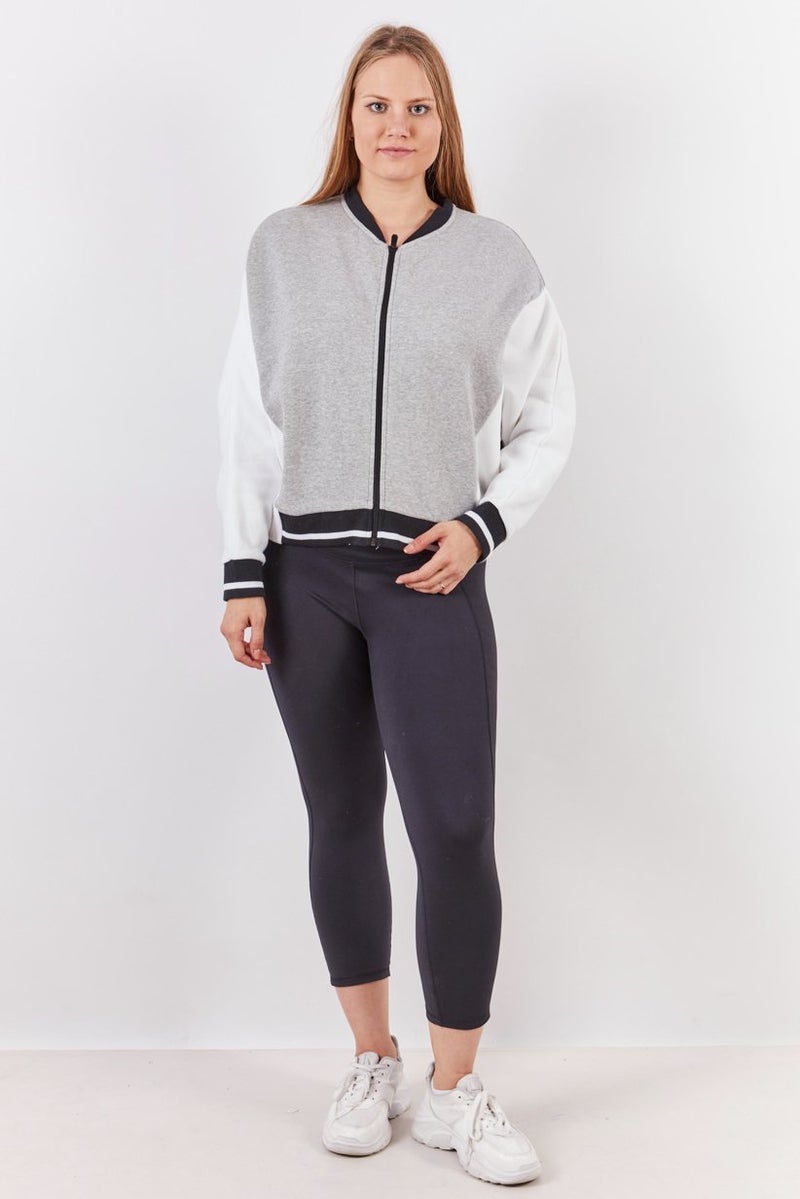 Reebok Women Sport Fit Long Sleeve Full Zip Jersey Jacket, Grey and White - Image 3