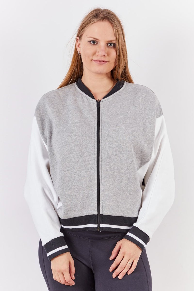 Reebok Women Sport Fit Long Sleeve Full Zip Jersey Jacket, Grey and White - Image 1