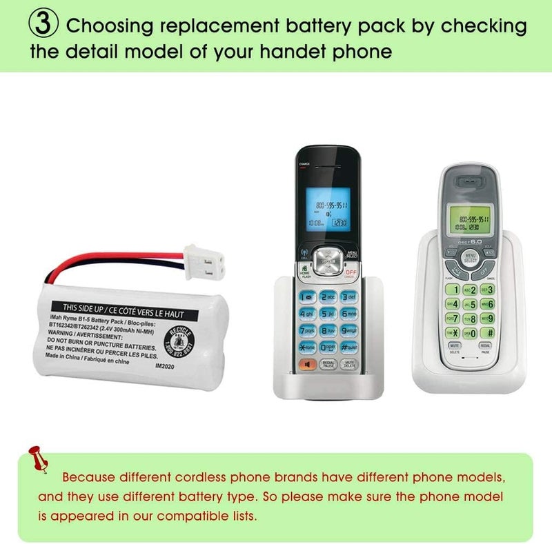 iMah BT162342/BT262342 2.4V 300mAh Ni-MH Cordless Phone Battery Pack, Also Compatible with BT183342/BT283342 AT&T BL102-3 EL52351 TL90070 VTech CS5119 DS6511 DS6722 LS6305 Handset, 3-Pack - Image 5