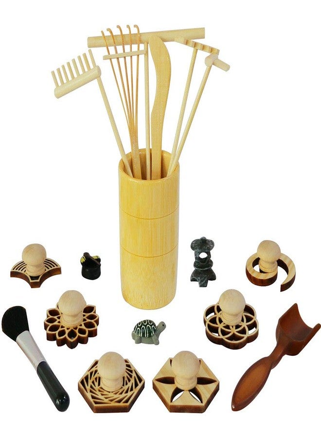 BangBangDa Zen Garden Rake Stamp Tools - Meditation Rock Sand Garden Accessories - Office Desktop Mini Zen Gifts for Man Women Bamboo Rakes Holder Brusher Spoon Figurines - Image 1