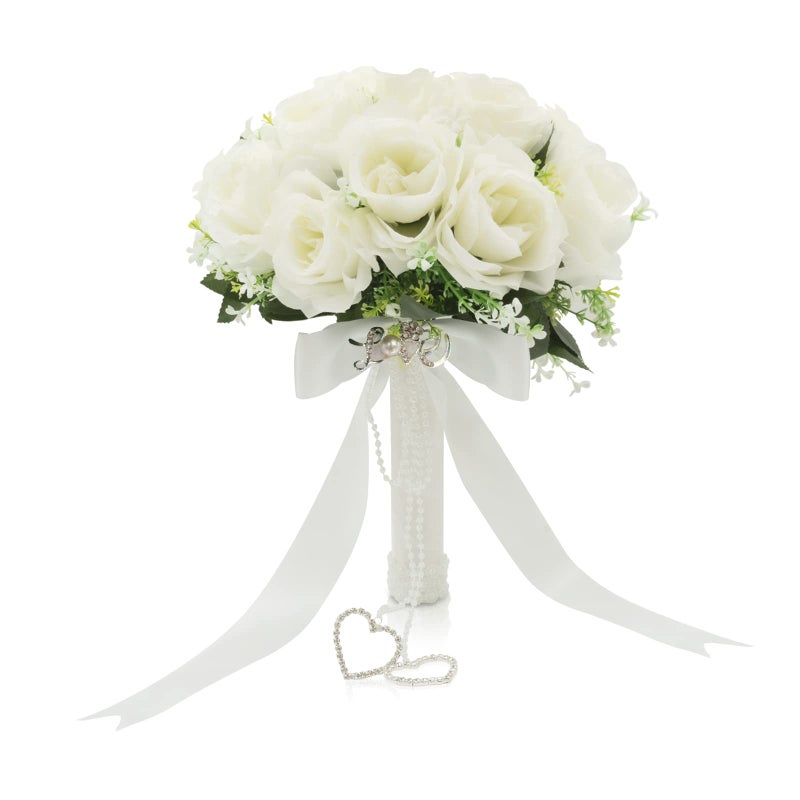 LEIFENY Wedding Bouquets for Bride White Bridal Bridesmaid Wedding Flowers with Silk Ribbon and Rhinestones Artificial Toss Rose for Civil Ceremony