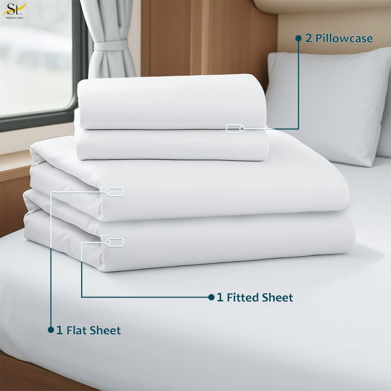 Shreem Linen مجموعة شرايم الفاخرة من الأقمشة القطنية 4 قطع من الألياف الدقيقة لسرير RV، جيب عميق يناسب حتى 10 بوصات، ناعمة، مقاومة للتجاعيد، للتخييم، سرير مقطورة السفر، سرير بطابق 42x80، أبيض - Image 4