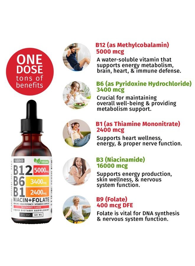 nusava (2 Pack) Vitamin B12 and B6 Liquid Drops, B12 Sublingual Vitamin B Complex - B 12 Vitamin 5000mcg - B12 Methylcobalamin for Energy, Brain, and Heart Support with 27,200 mcg, Raspberry, 80 Servings  - Image 3