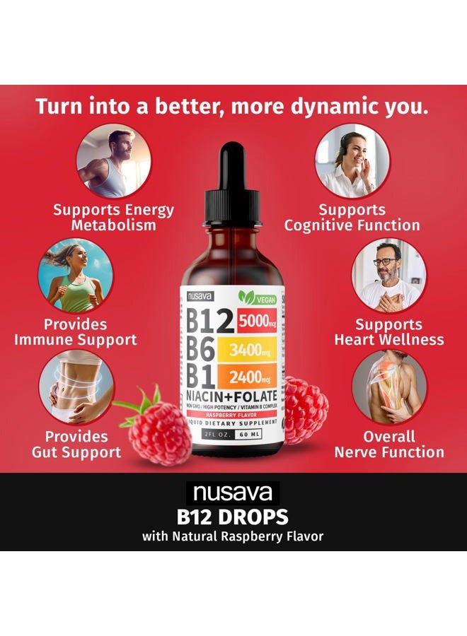 nusava (2 Pack) Vitamin B12 and B6 Liquid Drops, B12 Sublingual Vitamin B Complex - B 12 Vitamin 5000mcg - B12 Methylcobalamin for Energy, Brain, and Heart Support with 27,200 mcg, Raspberry, 80 Servings  - Image 2