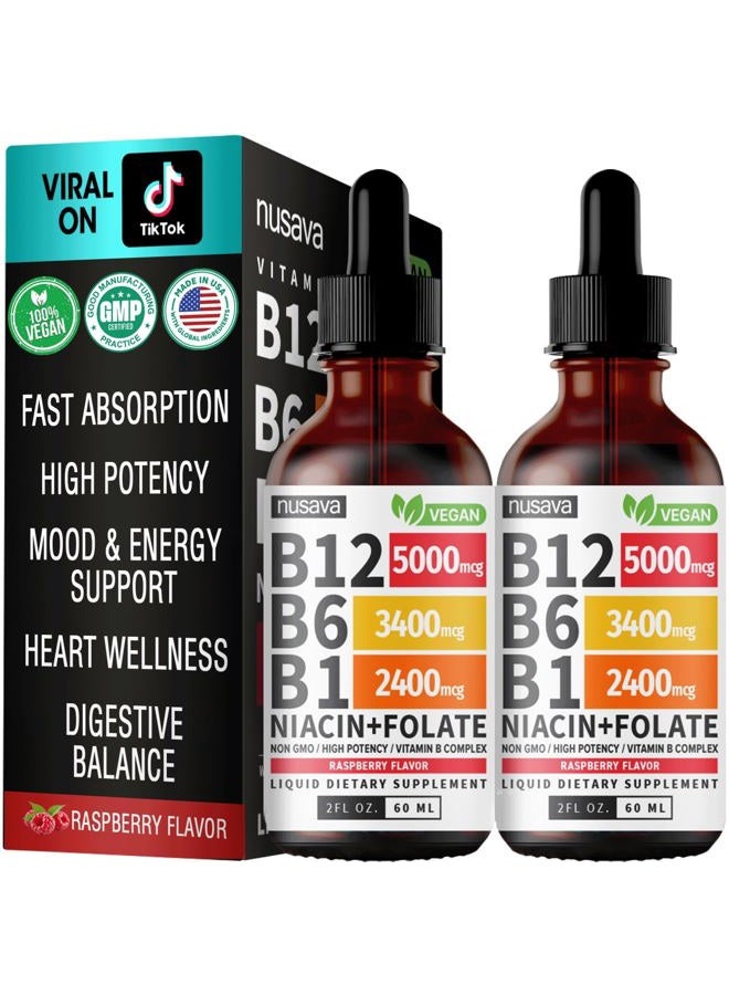 nusava (2 Pack) Vitamin B12 and B6 Liquid Drops, B12 Sublingual Vitamin B Complex - B 12 Vitamin 5000mcg - B12 Methylcobalamin for Energy, Brain, and Heart Support with 27,200 mcg, Raspberry, 80 Servings  - Image 1