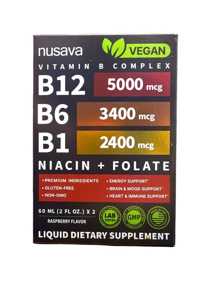 nusava (2 Pack) Vitamin B12 and B6 Liquid Drops, B12 Sublingual Vitamin B Complex - B 12 Vitamin 5000mcg - B12 Methylcobalamin for Energy, Brain, and Heart Support with 27,200 mcg, Raspberry, 80 Servings - Image 1