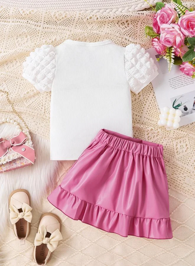 Take Two Girls White Puff Sleeve Top and Ruffle Mini Skirt Set