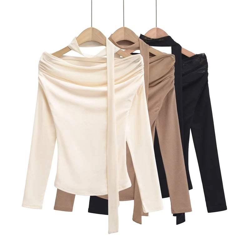Pure Ribbon Mesh Stitching Shoulder Long Sleeve T-Shirt Autumn New Design Sense Slim Base Shirt Ins - Image 2