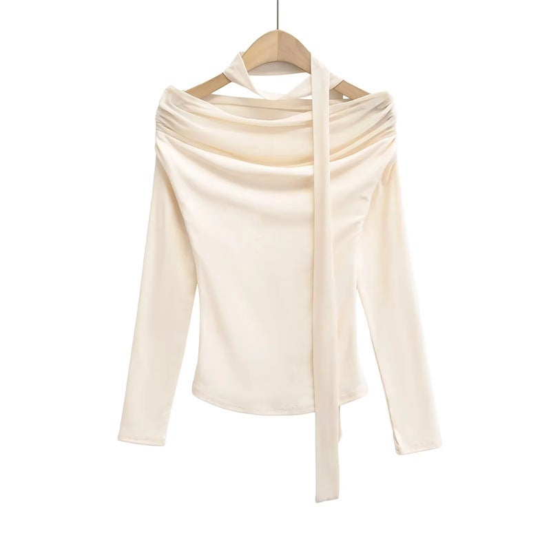 Pure Ribbon Mesh Stitching Shoulder Long Sleeve T-Shirt Autumn New Design Sense Slim Base Shirt Ins - Image 3
