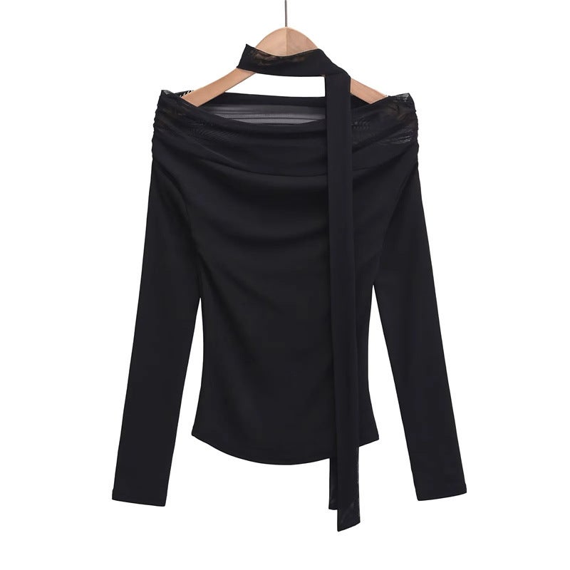 Pure Ribbon Mesh Stitching Shoulder Long Sleeve T-Shirt Autumn New Design Sense Slim Base Shirt Ins - Image 5