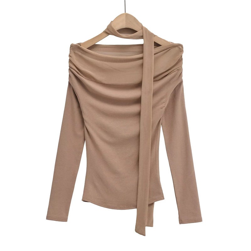 Pure Ribbon Mesh Stitching Shoulder Long Sleeve T-Shirt Autumn New Design Sense Slim Base Shirt Ins - Image 4