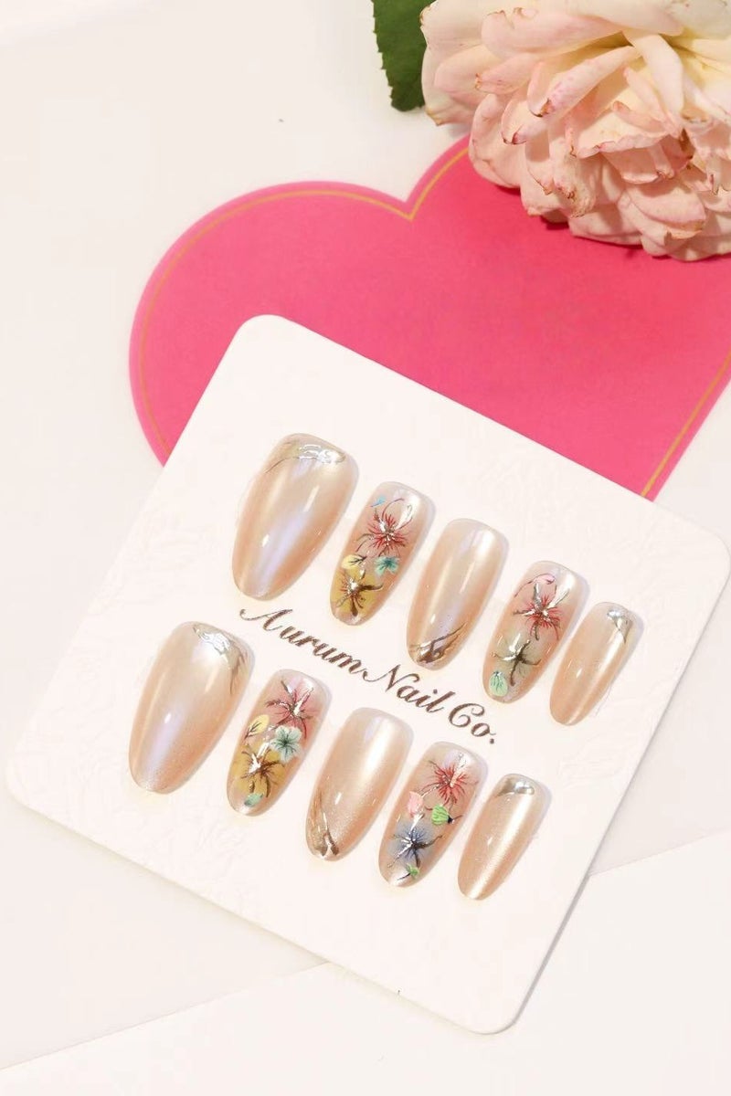 AurumNail AurumNail - Garden Whispers - Medium Oval M - Handmade Press-On Nails - Not Factory-Made Nails -  Perfect For Vacations, Special Occasions, or Wedding Events - Image 2