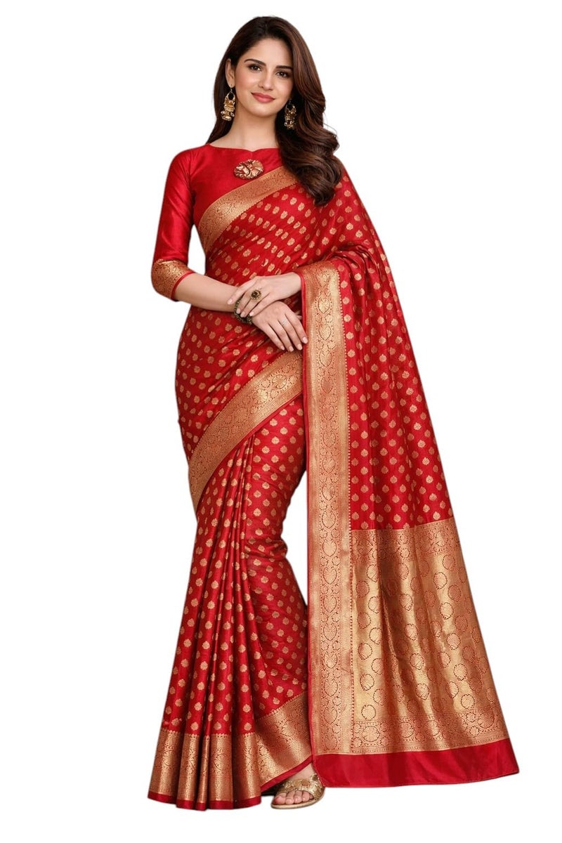 NoseQueen women fashion Multi-Colored Traditional banarasi silk saree | Cotton saree for farewell with UnStitched Blouse Piece (A.Red) - Image 1