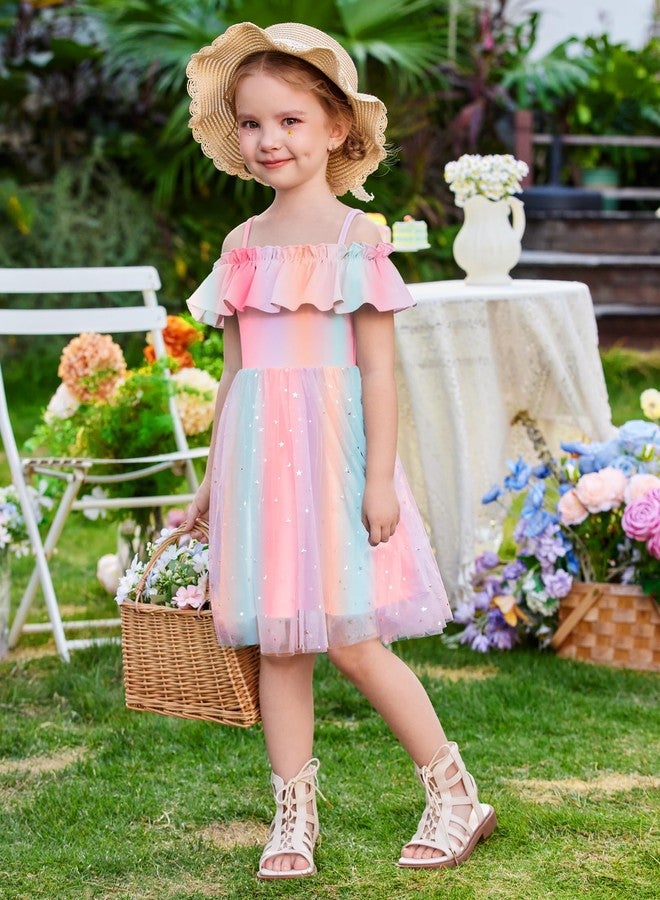 Arshiner Girl Tulle Dresses Toddler Glitter Dress Off Shoulder Flutter Formal Birthday Party Princess Rainbow Dress Toddler Girls Size 6 Dresses - Image 3